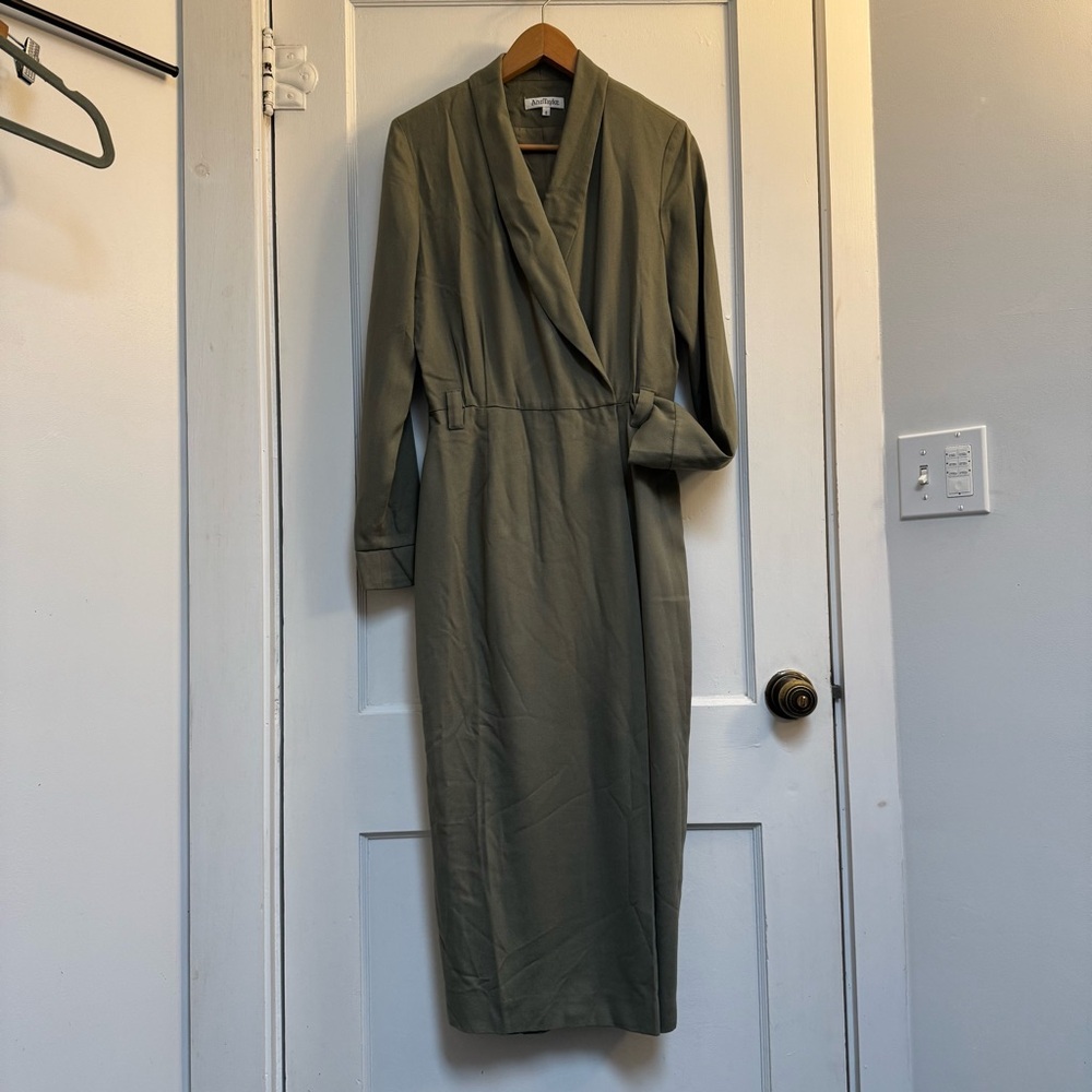 Vintage 80s 90s Olive Green Tucked Waist Bias Maxi Wrap Dress